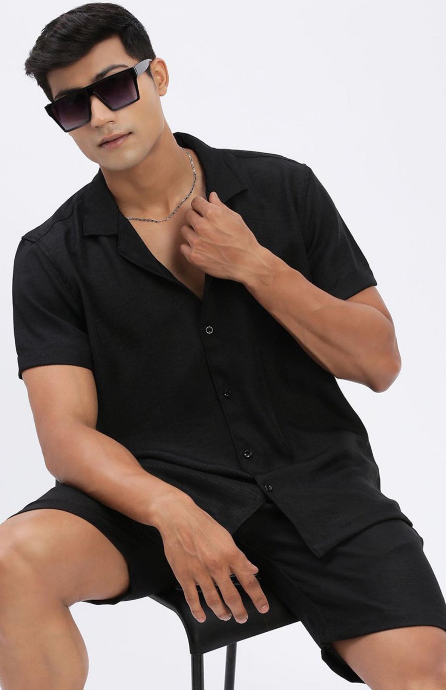 Cuban Collar shirt with Shorts Co-Ords - Black