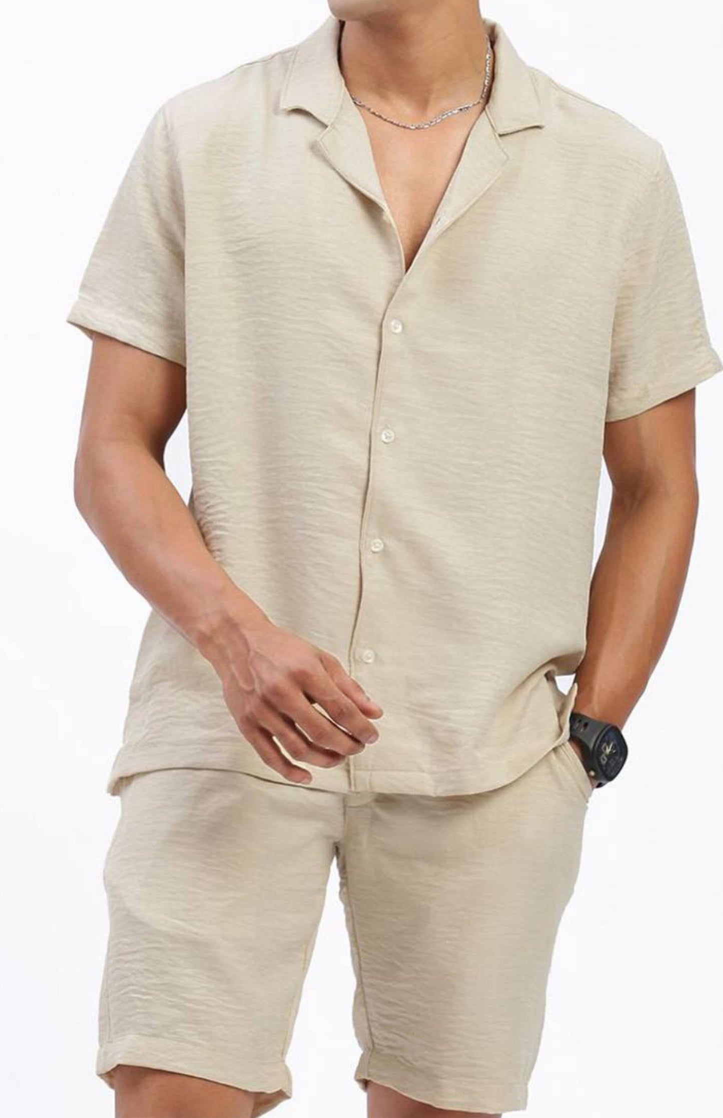 Cuban Collar shirt with Shorts Co-Ords - Beige