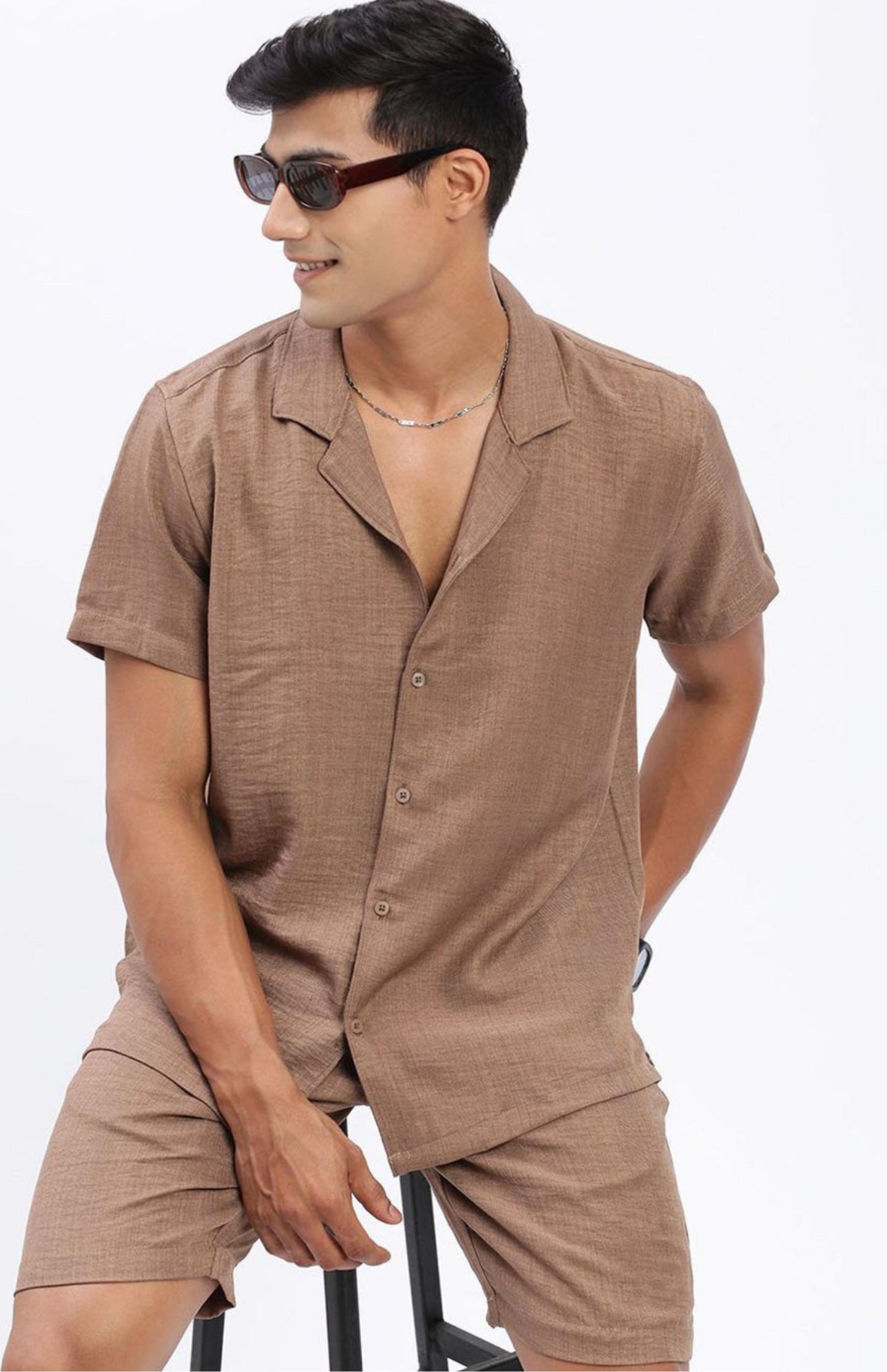 Cuban Collar shirt with Shorts Co-Ords - Brown