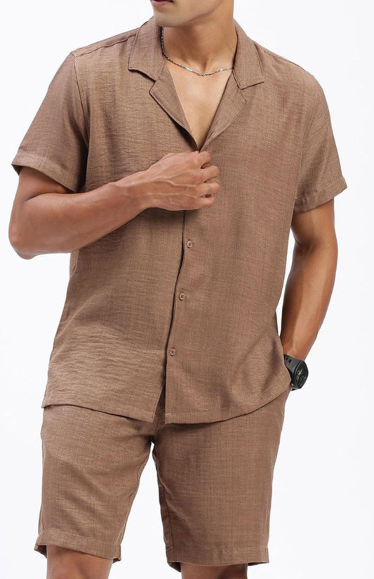 Cuban Collar shirt with Shorts Co-Ords - Brown