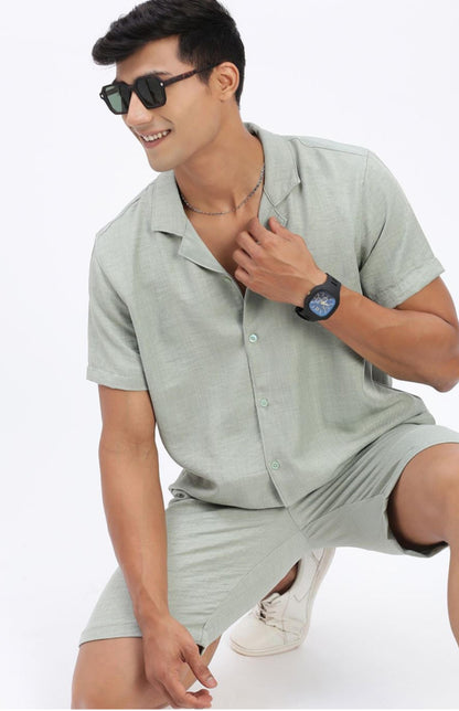 Cuban Collar shirt with Shorts Co-Ords - Sea Gray