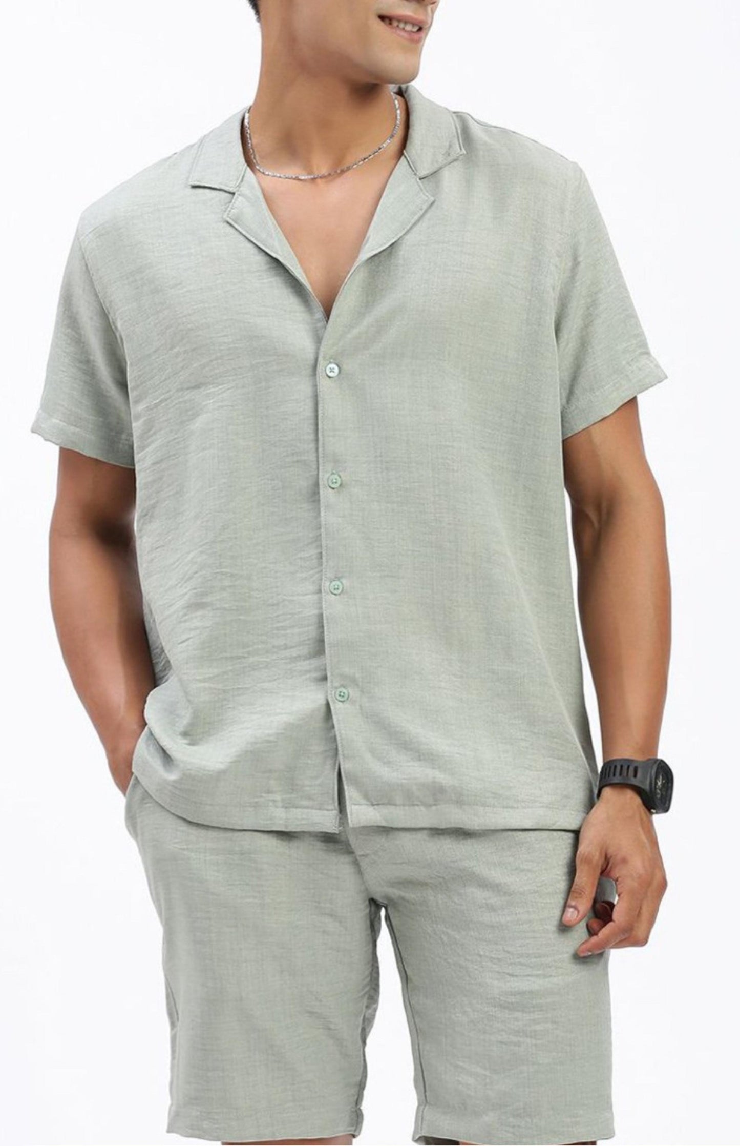 Cuban Collar shirt with Shorts Co-Ords - Sea Gray