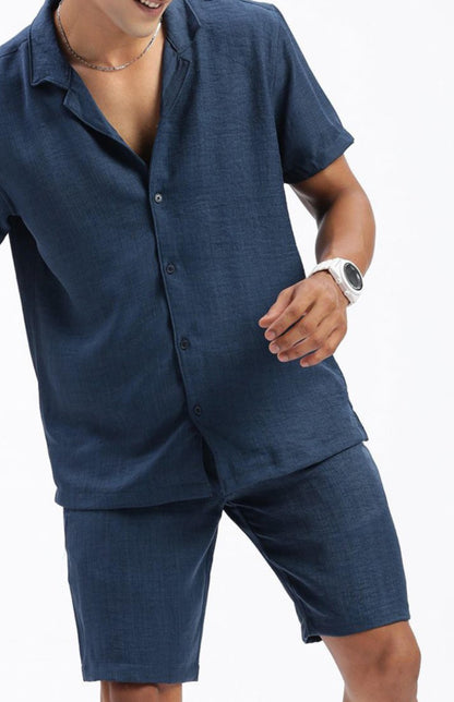 Cuban Collar shirt with Shorts Co-Ords - Blue