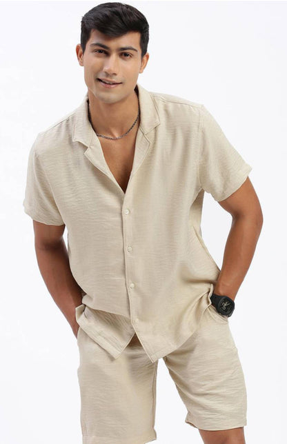 Cuban Collar shirt with Shorts Co-Ords - Beige