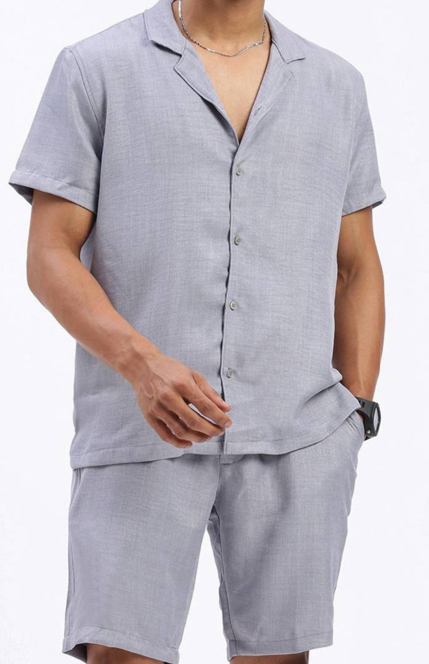Cuban Collar shirt with Shorts Co-Ords - Gray