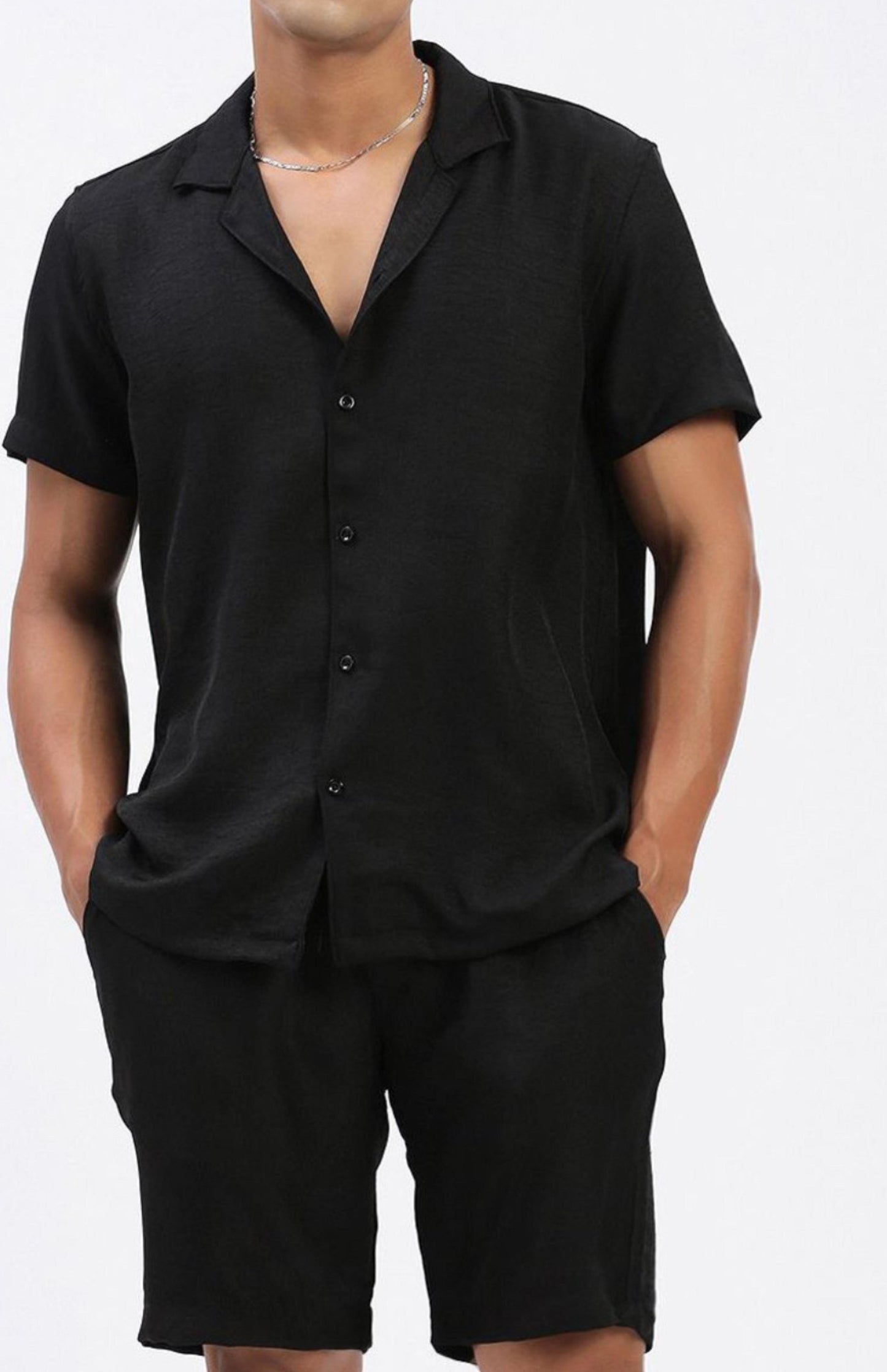Cuban Collar shirt with Shorts Co-Ords - Black