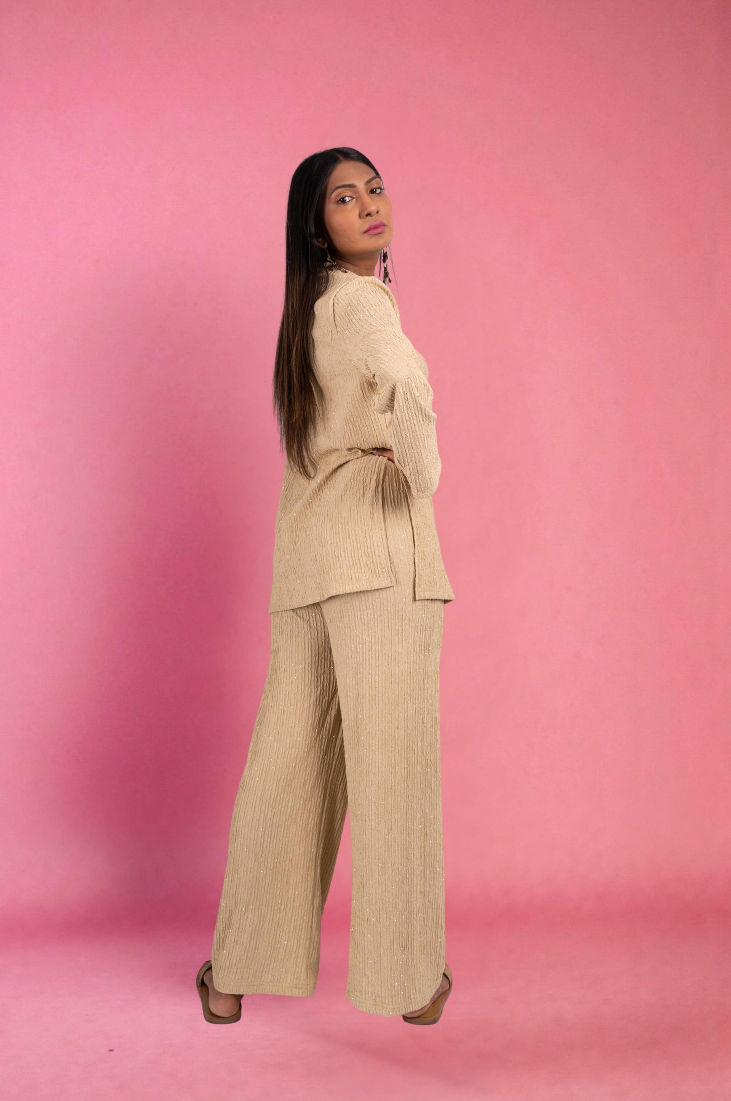 Two Piece shimmer Co-Ord Set-Beige