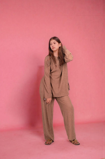 Two Piece shimmer Co-Ord Set-Brown