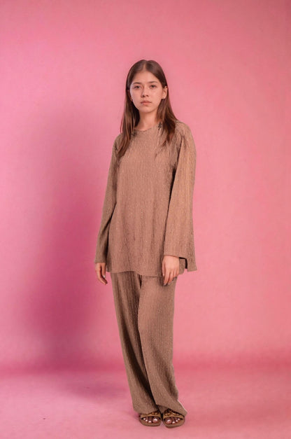 Two Piece shimmer Co-Ord Set-Brown