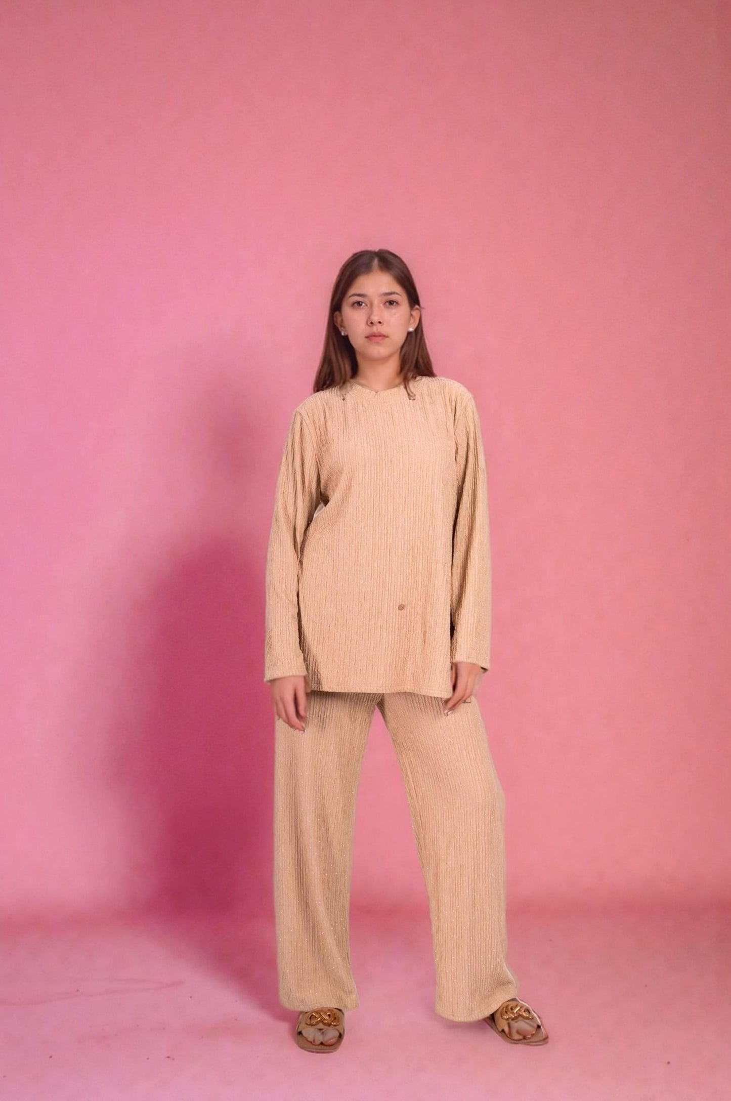 Two Piece shimmer Co-Ord Set-Beige