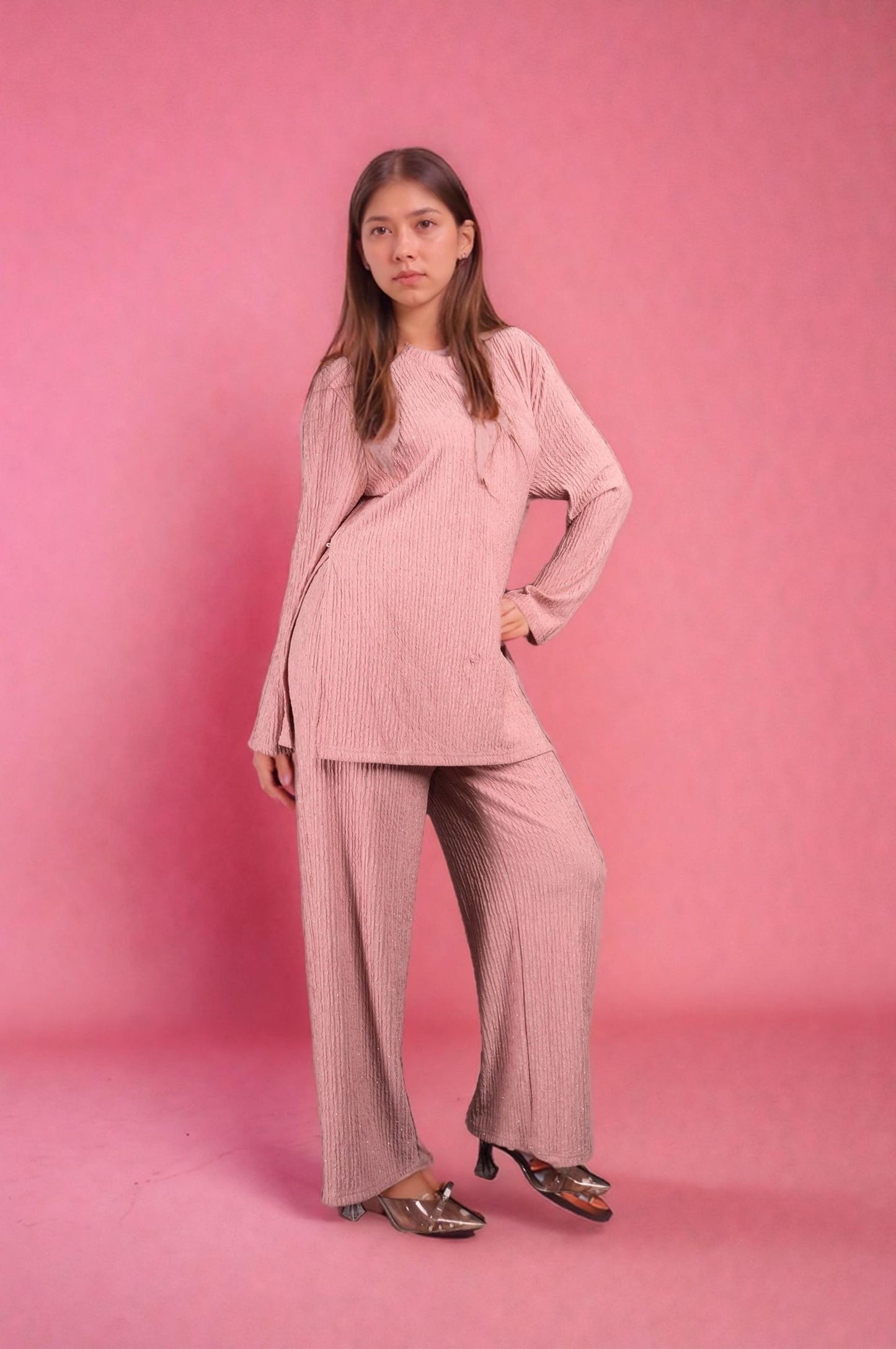 Two Piece shimmer Co-Ord Set-Soft Pink