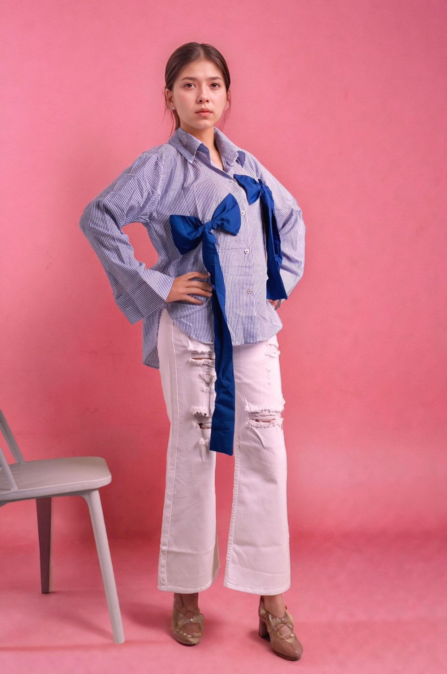 Oversized Bow Shirt - Navy Blue